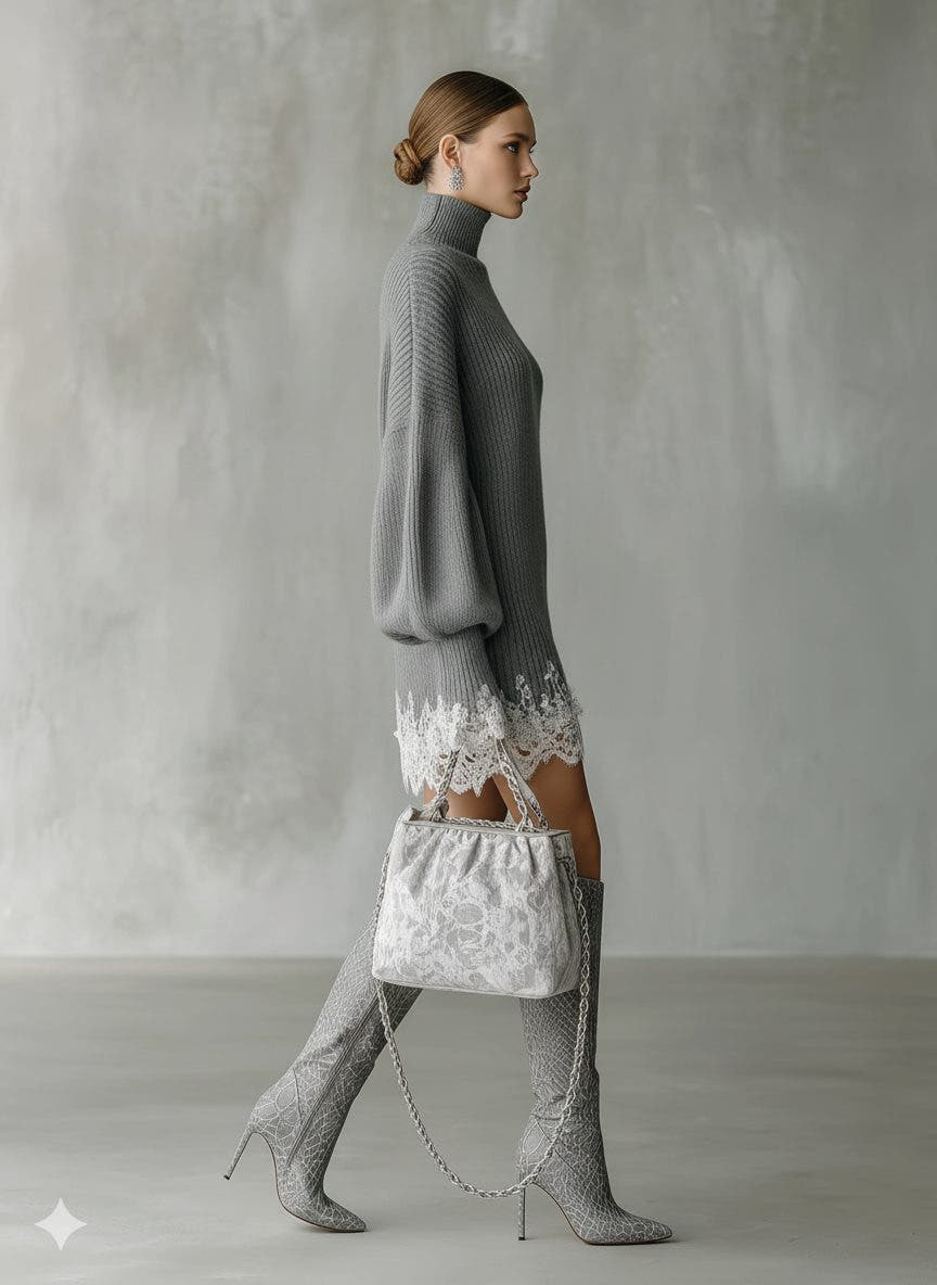 Strickkleid mit Rollkragen, Spitzensaum und Puffärmeln für Damen