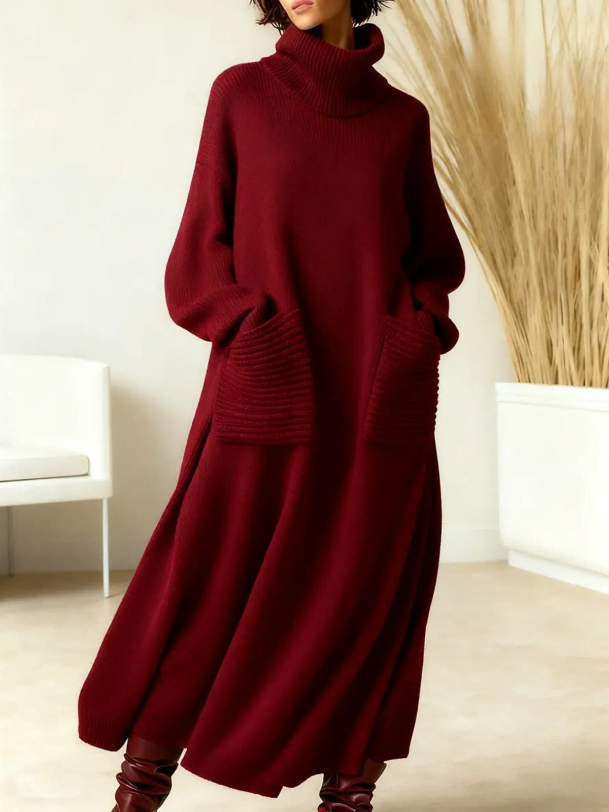 Langes Strickkleid mit Rollkragen und Taschen in Oversize für Damen