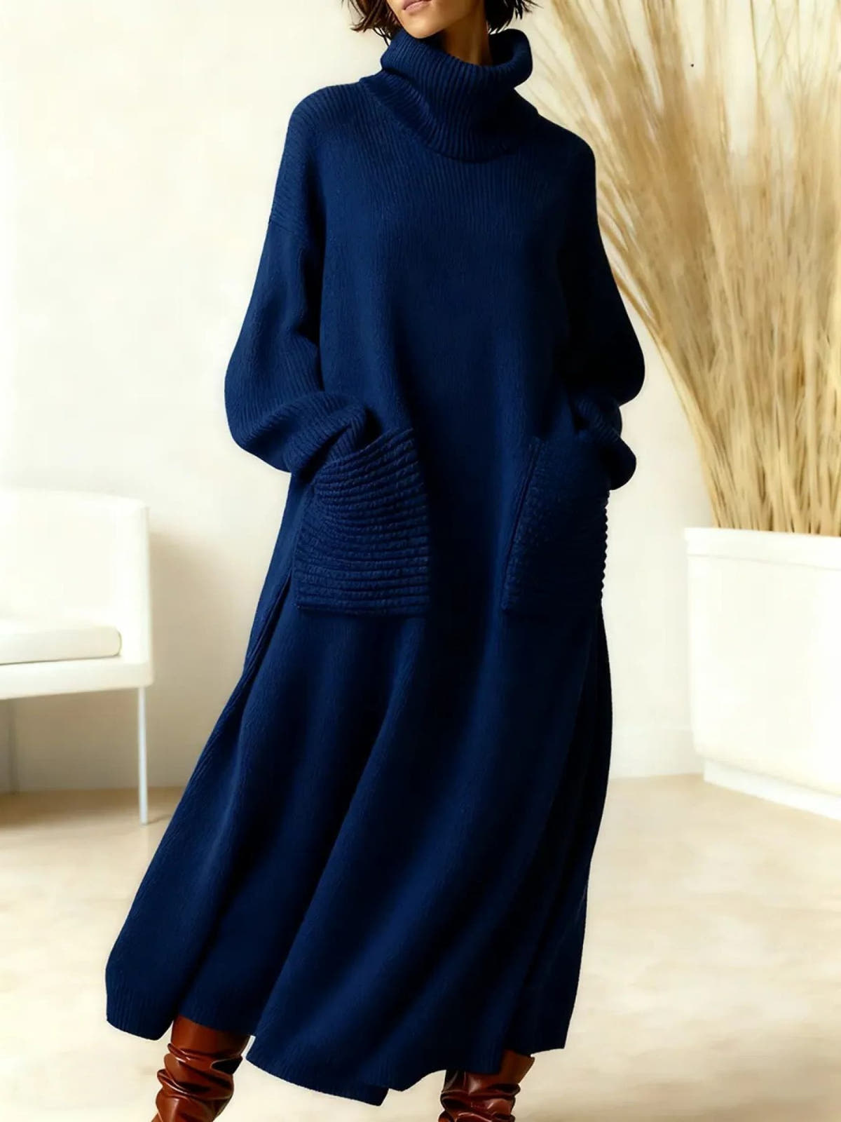 Langes Strickkleid mit Rollkragen und Taschen in Oversize für Damen