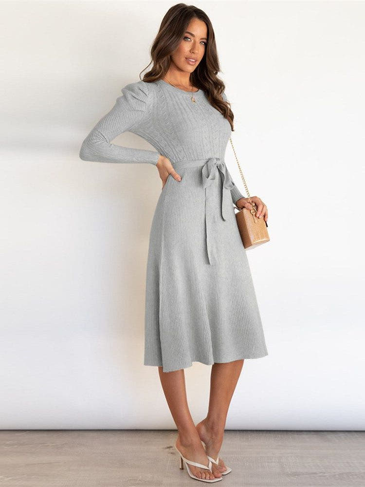 Strickkleid in A-Linie mit Bindegürtel und Rippstrick für Damen