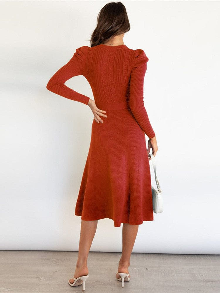 Strickkleid in A-Linie mit Bindegürtel und Rippstrick für Damen