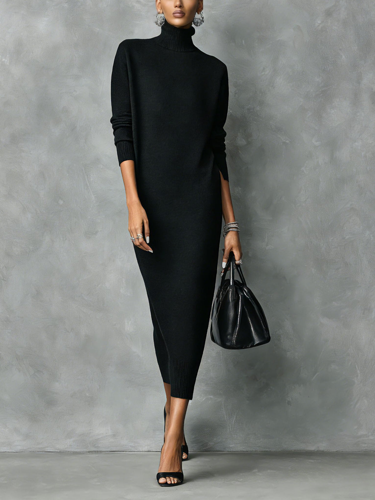 Strickkleid mit Rollkragen in Midilänge und Rippstrick für Damen