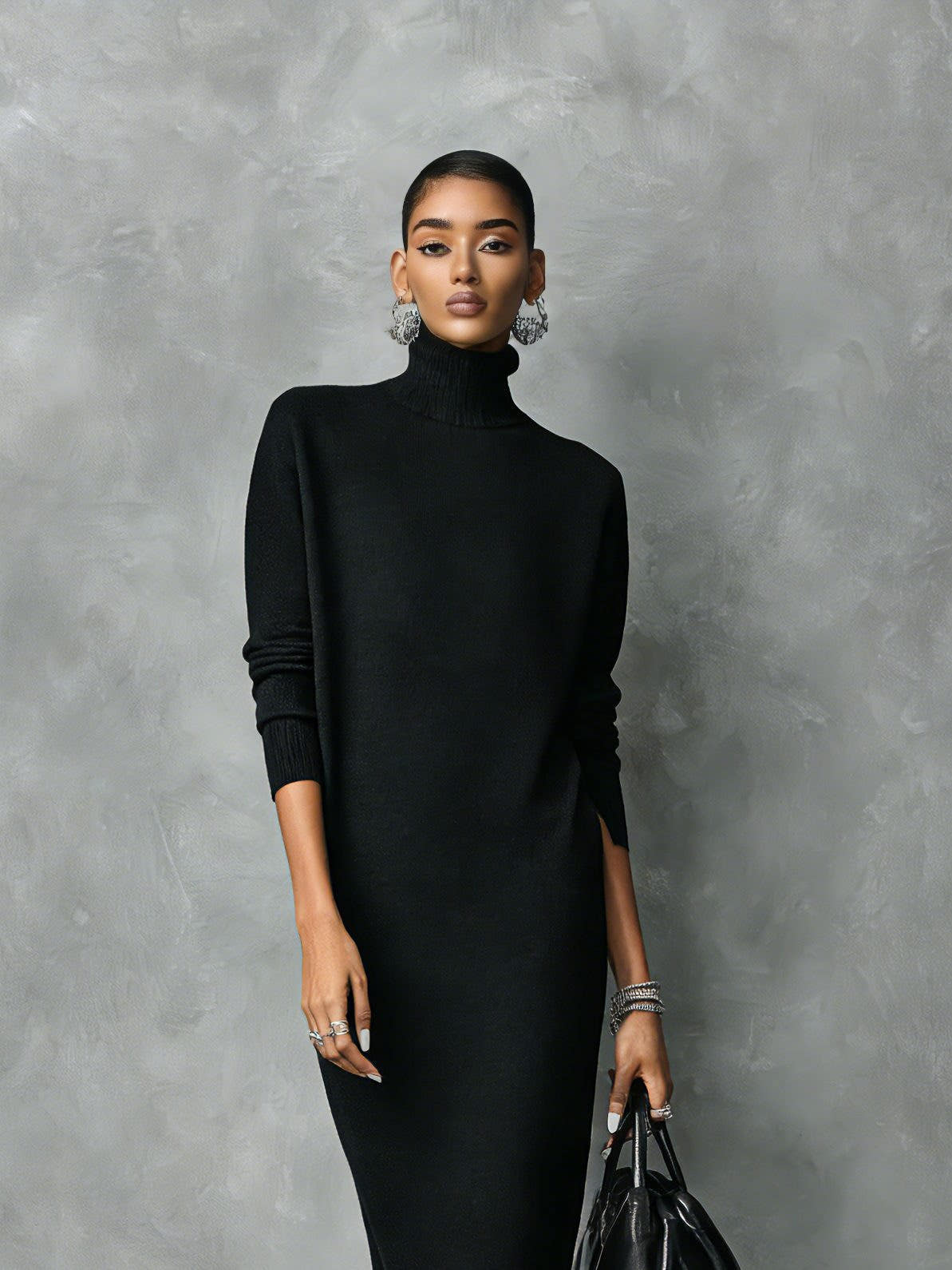Strickkleid mit Rollkragen in Midilänge und Rippstrick für Damen