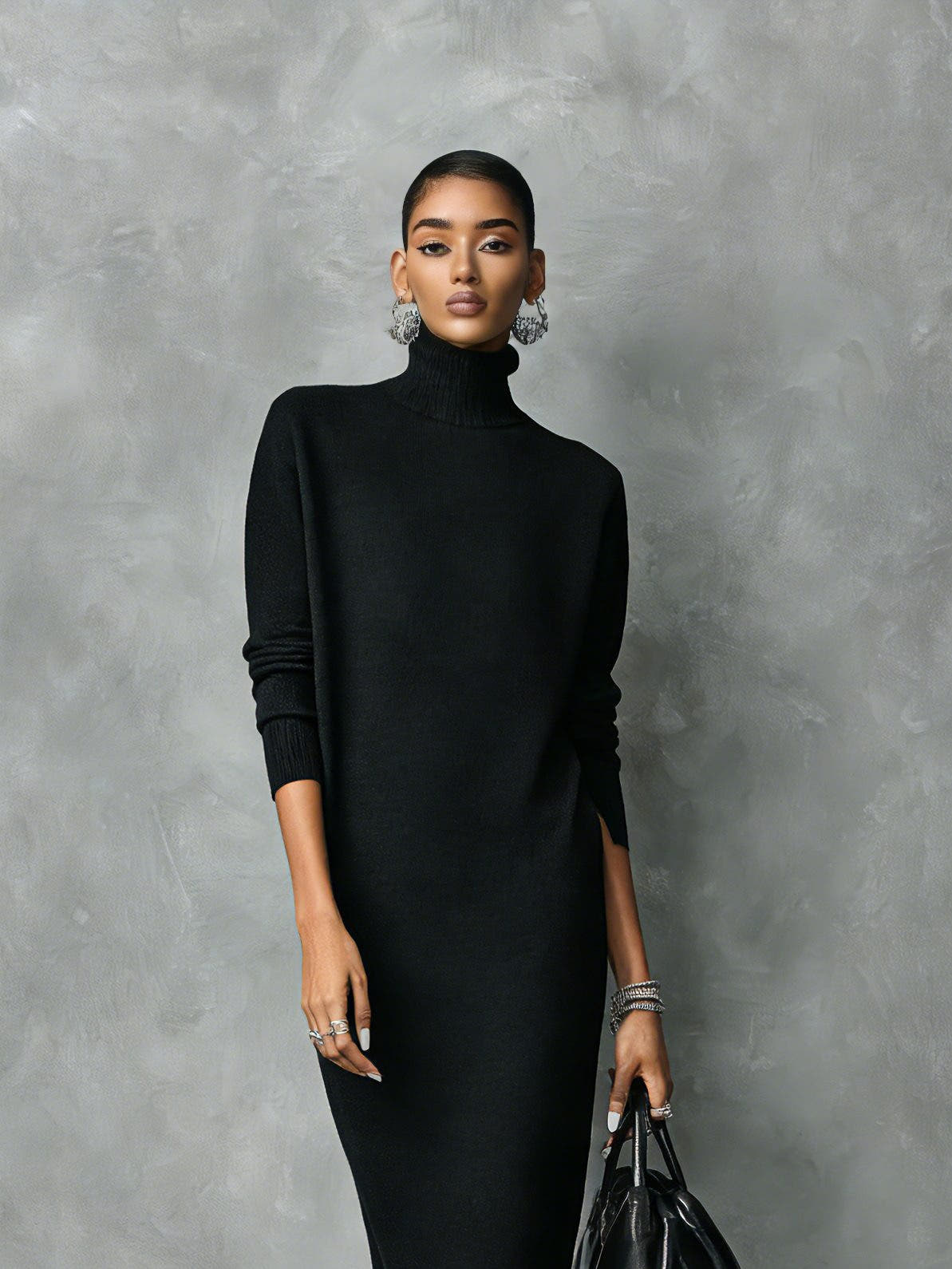 Strickkleid mit Rollkragen in Midilänge und Rippstrick für Damen