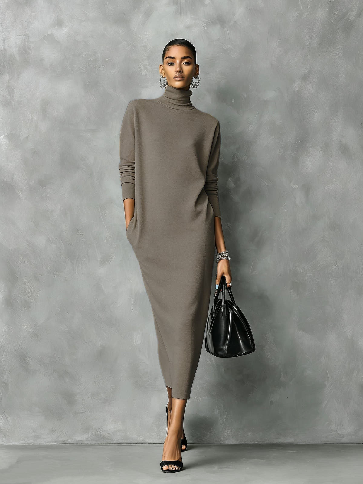 Strickkleid mit Rollkragen in Midilänge und Rippstrick für Damen