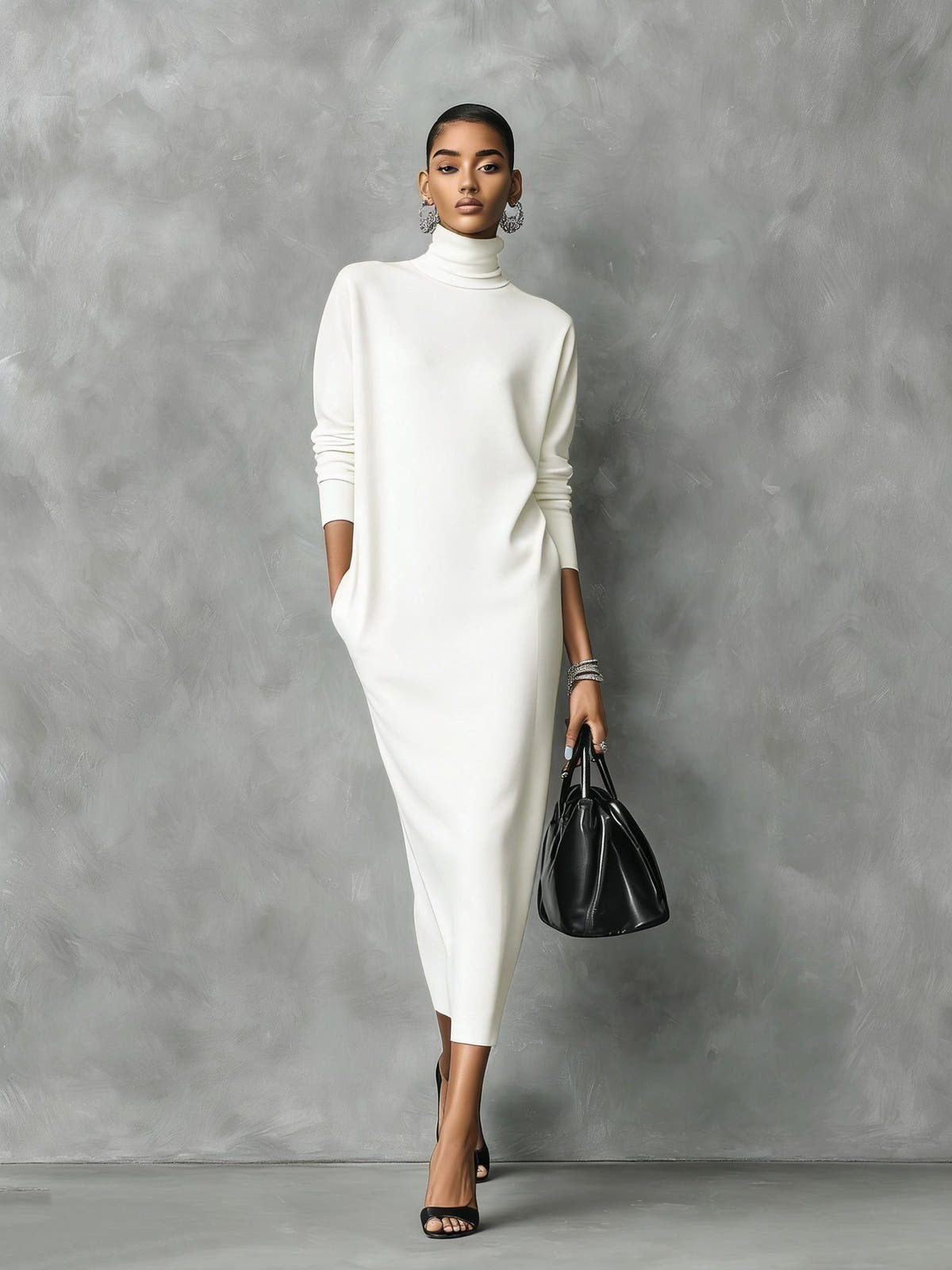 Strickkleid mit Rollkragen in Midilänge und Rippstrick für Damen