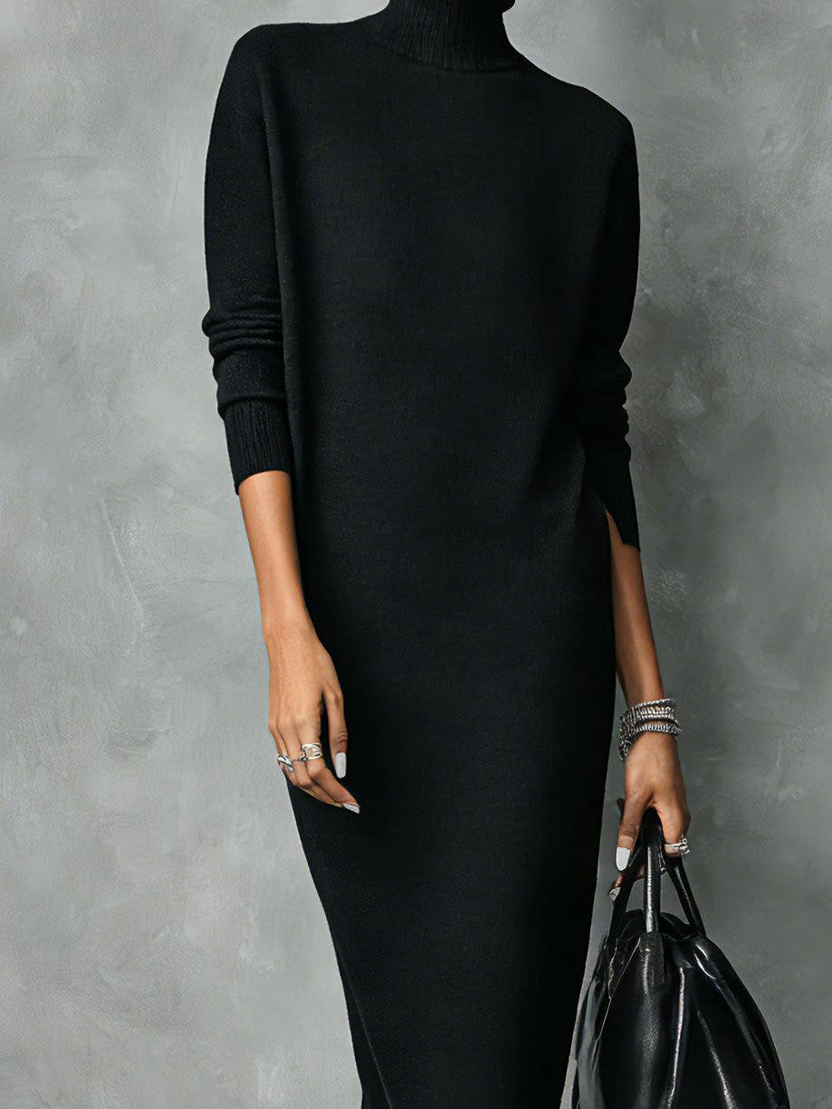 Strickkleid mit Rollkragen in Midilänge und Rippstrick für Damen