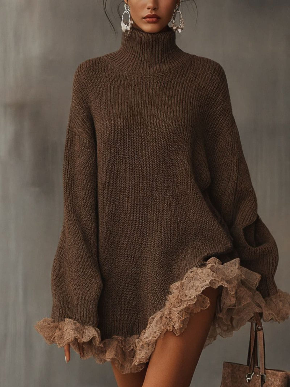 Strickkleid mit Rollkragen und Spitzenrüschen am Saum für Damen