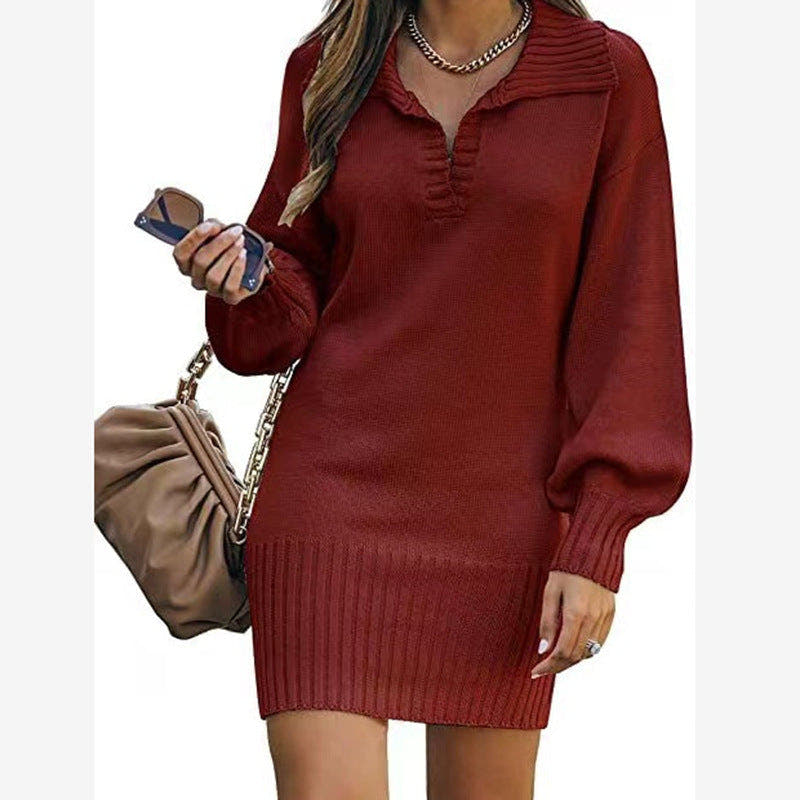 Strickkleid mit V-Ausschnitt und Rippensaum für Damen