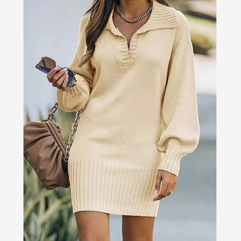 Strickkleid mit V-Ausschnitt und Rippensaum für Damen