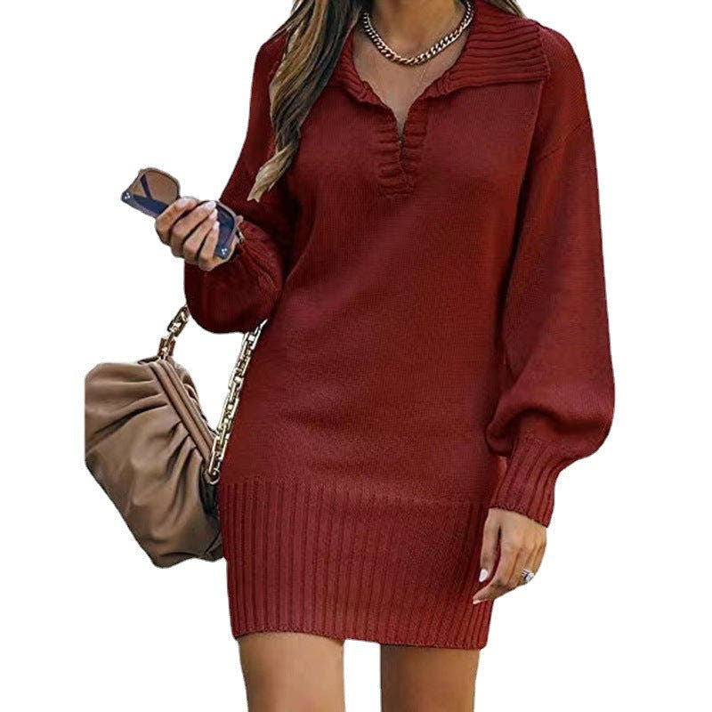 Strickkleid mit V-Ausschnitt und Rippensaum für Damen