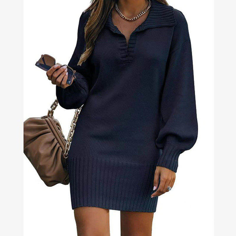 Strickkleid mit V-Ausschnitt und Rippensaum für Damen