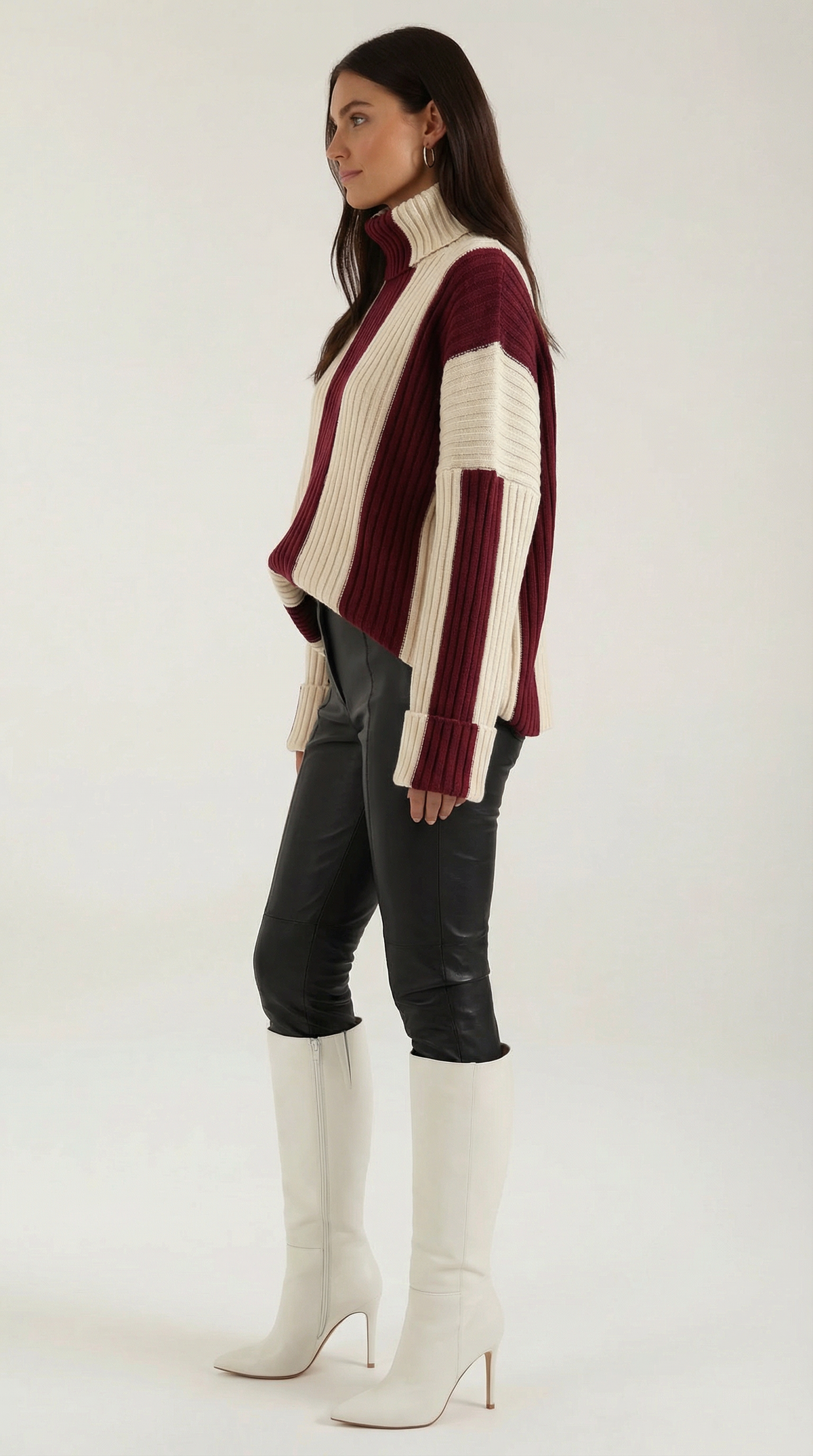 Rollkragenpullover mit Längsstreifen und Grobstrick für Damen