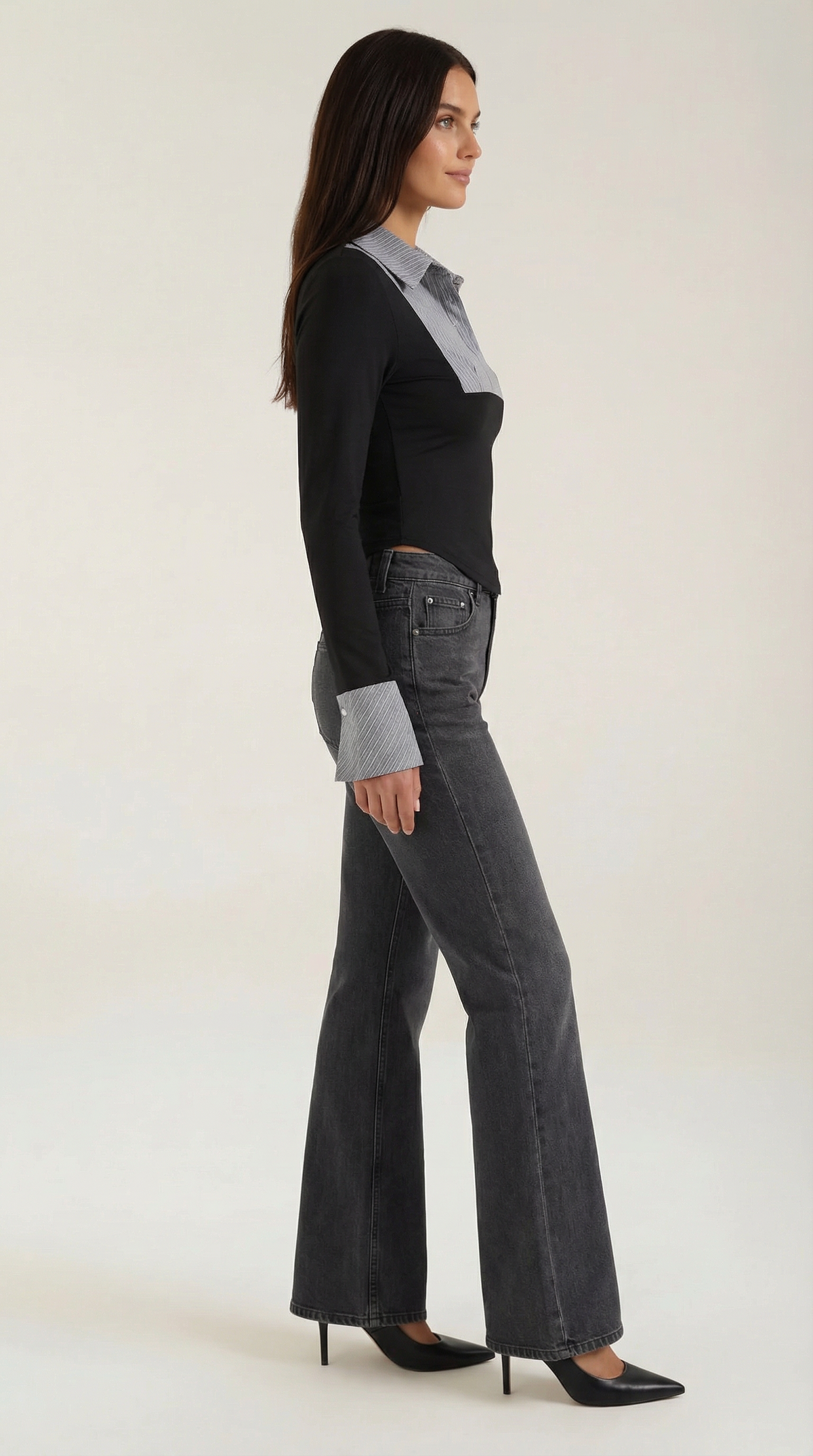 Langarmshirt mit plissiertem Latz und Kragen für Damen