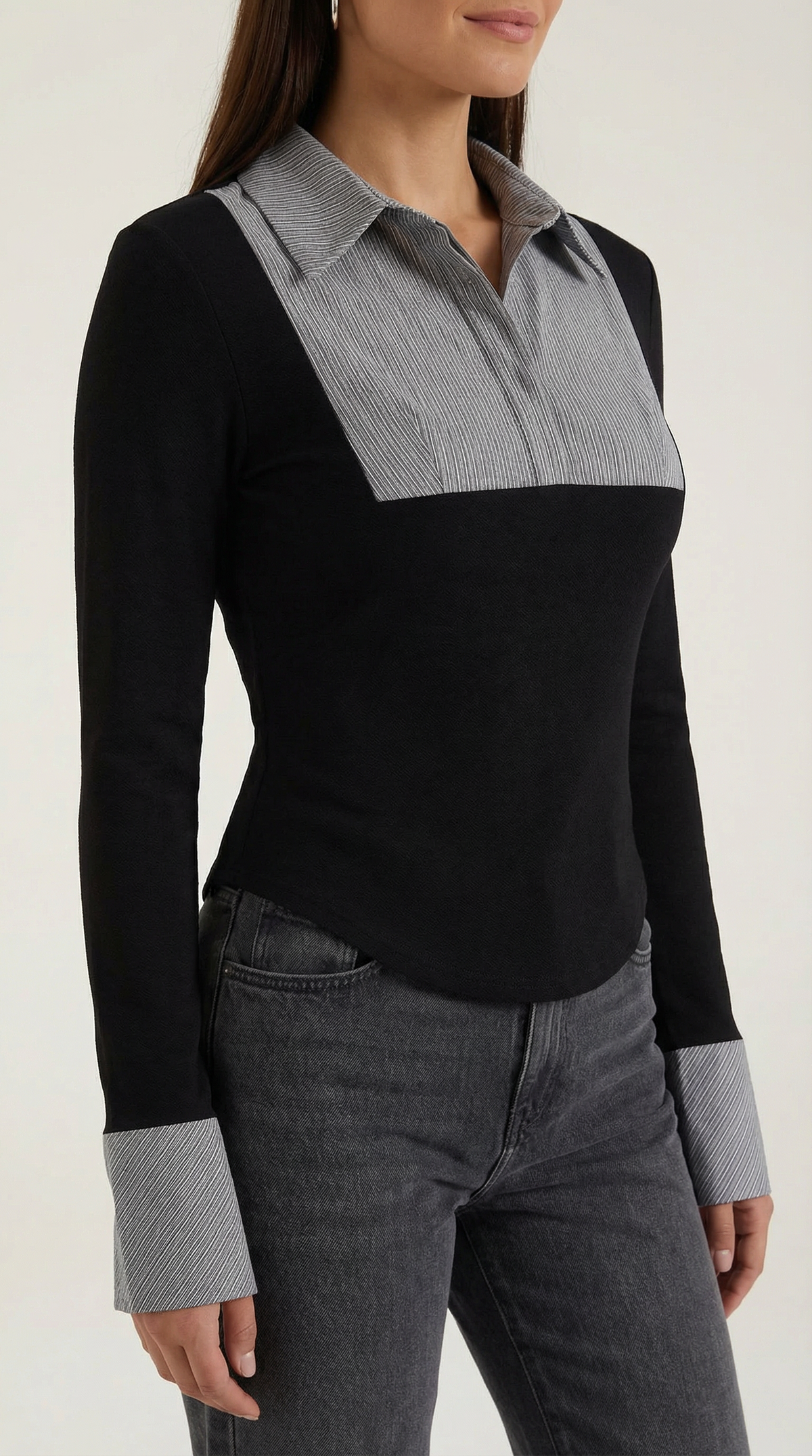 Langarmshirt mit plissiertem Latz und Kragen für Damen