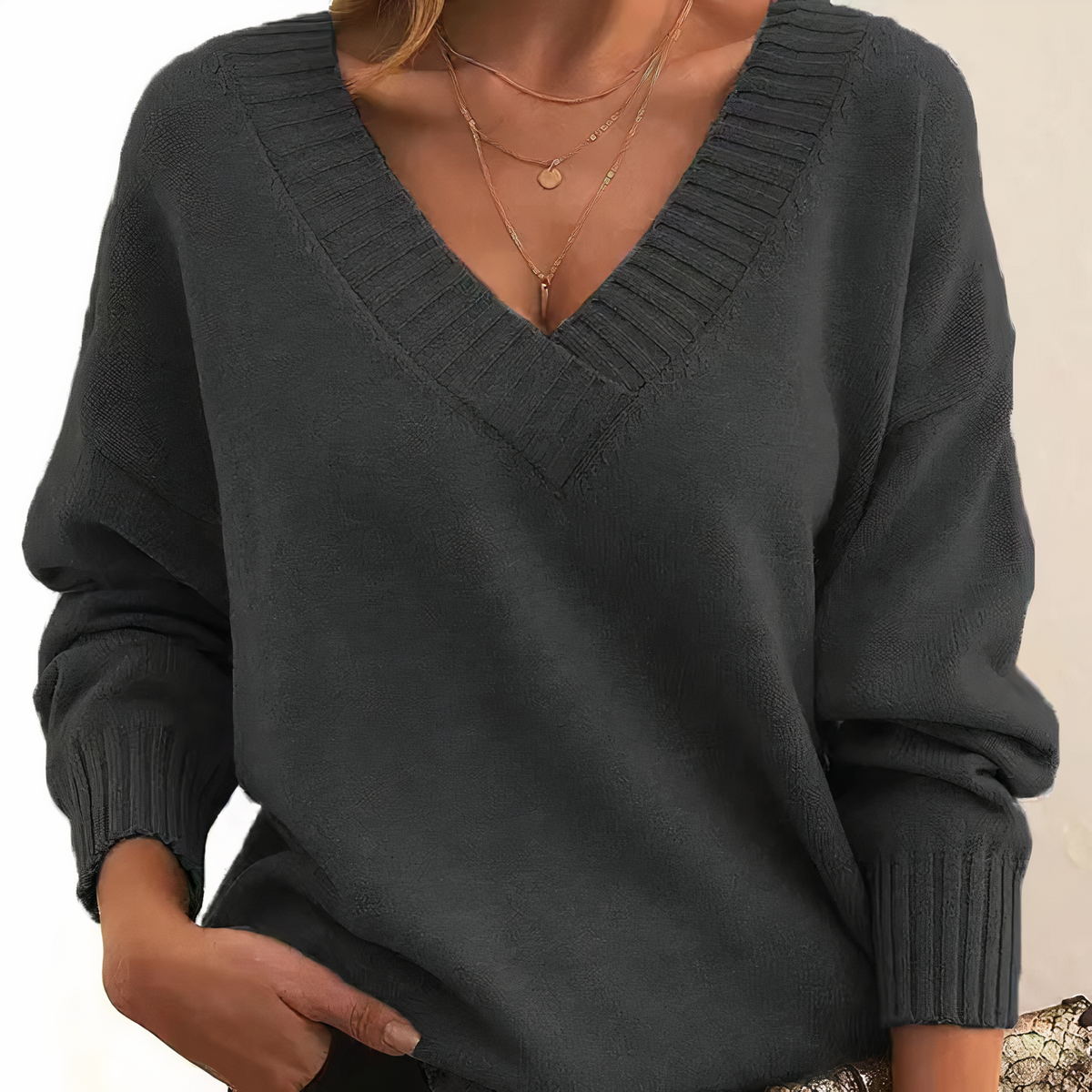 Kaschmirpullover Damen locker mit V-Ausschnitt, hüftlang