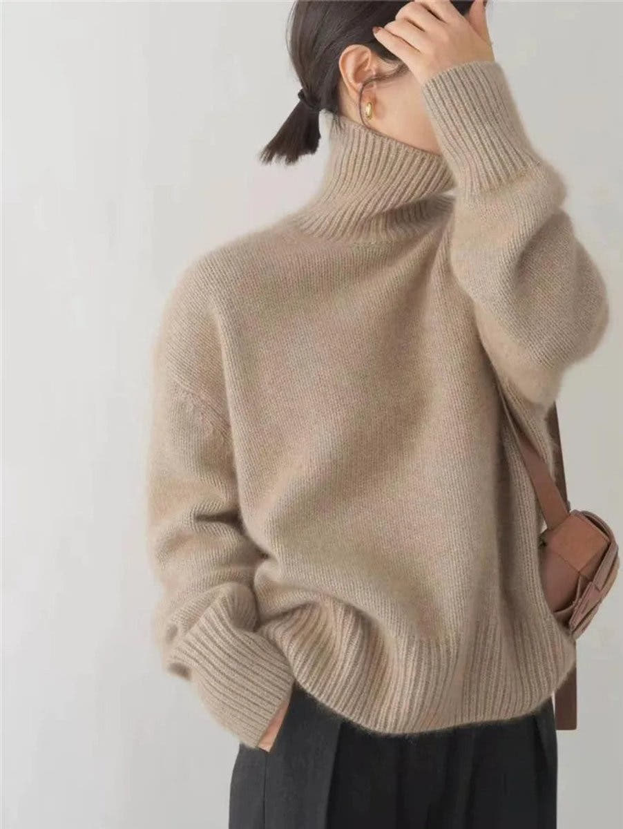 Kaschmirpullover Damen Oversize mit Rollkragen, hüftlang