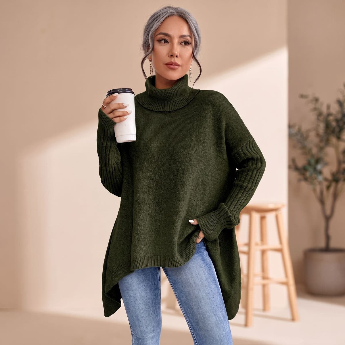 Kaschmirpullover Damen Oversize mit Rollkragen und langen Ärmeln