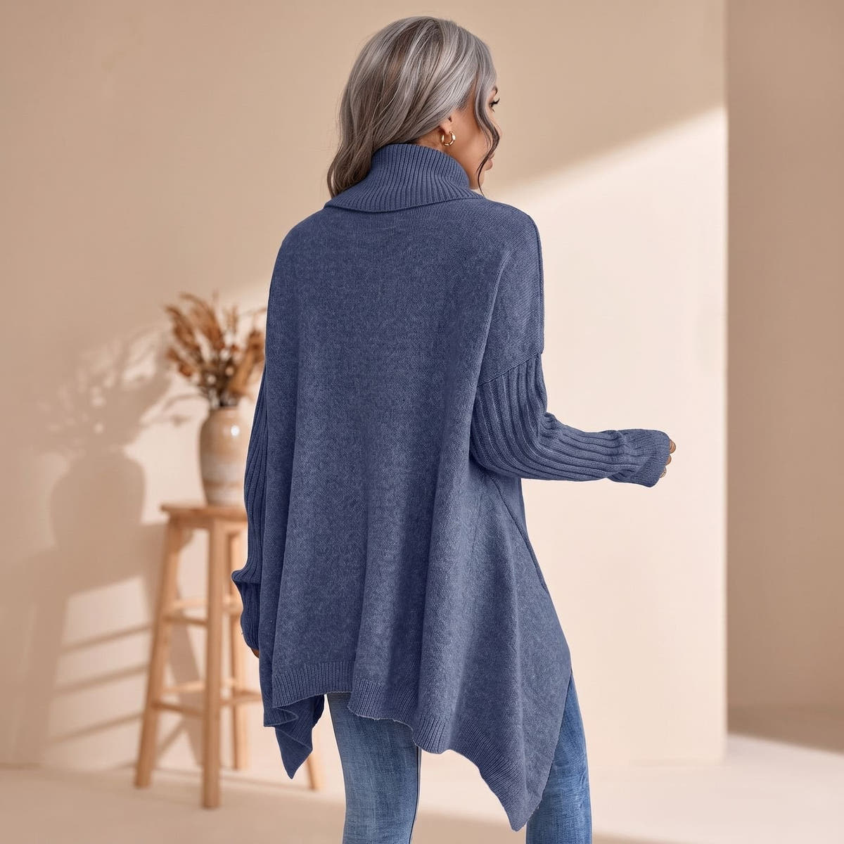Kaschmirpullover Damen Oversize mit Rollkragen und langen Ärmeln