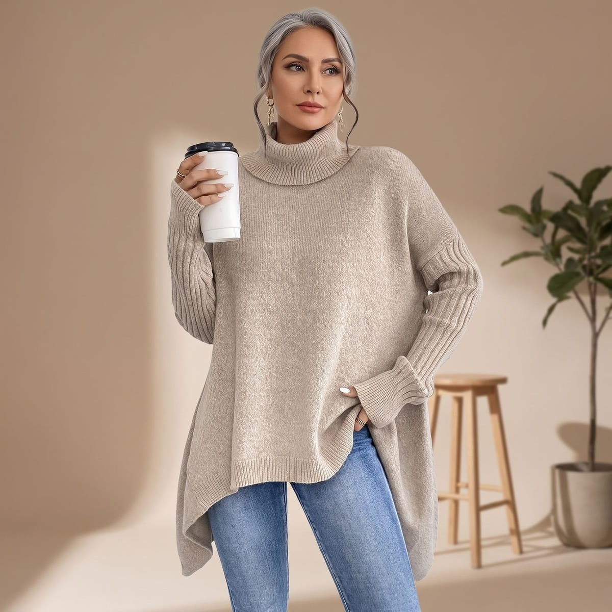 Kaschmirpullover Damen Oversize mit Rollkragen und langen Ärmeln