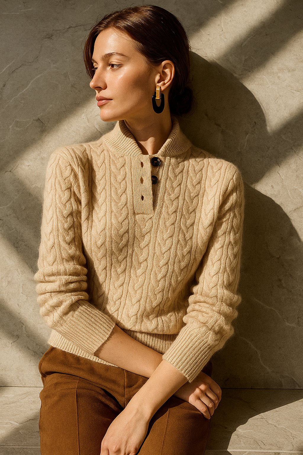 Kaschmirpullover Damen schmal geschnitten mit Zopfmuster und Stehkragen