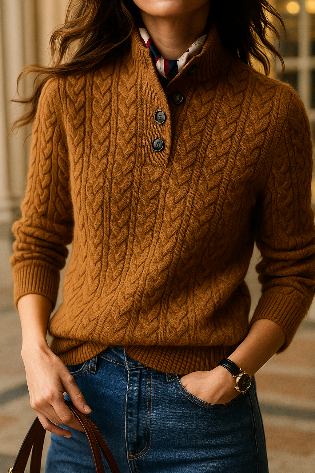 Kaschmirpullover Damen schmal geschnitten mit Zopfmuster und Stehkragen