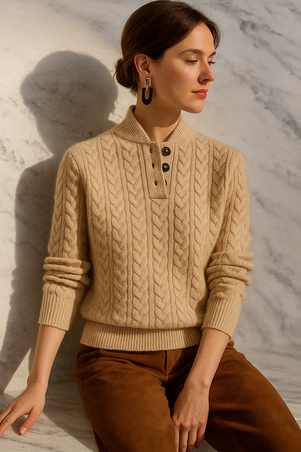 Kaschmirpullover Damen schmal geschnitten mit Zopfmuster und Stehkragen