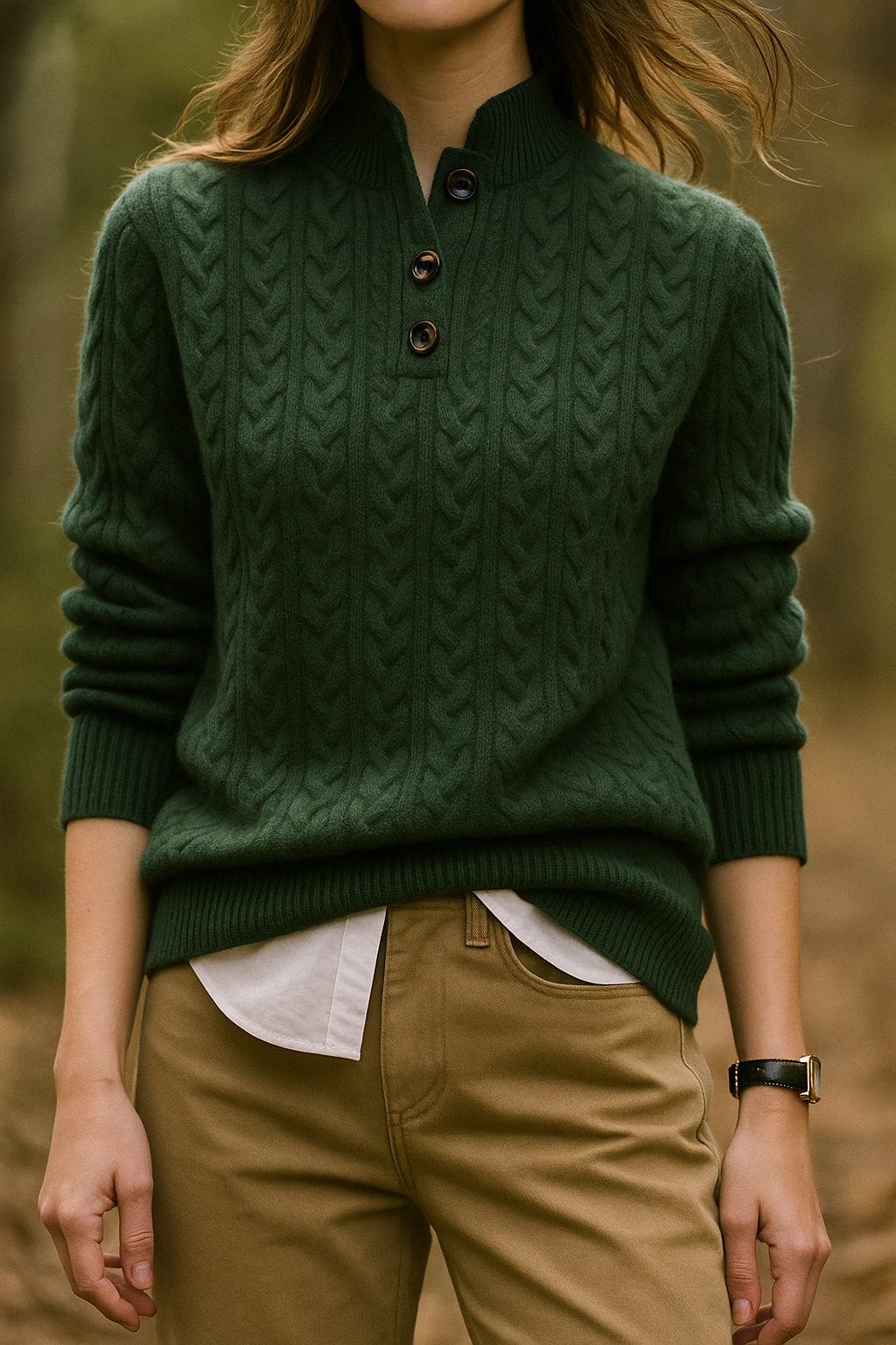 Kaschmirpullover Damen schmal geschnitten mit Zopfmuster und Stehkragen