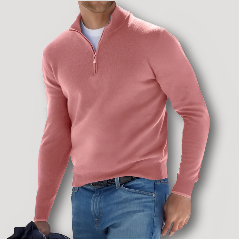 Kaschmirpullover Herren mit Wollanteil, Stehkragen und kurzem Reissverschluss
