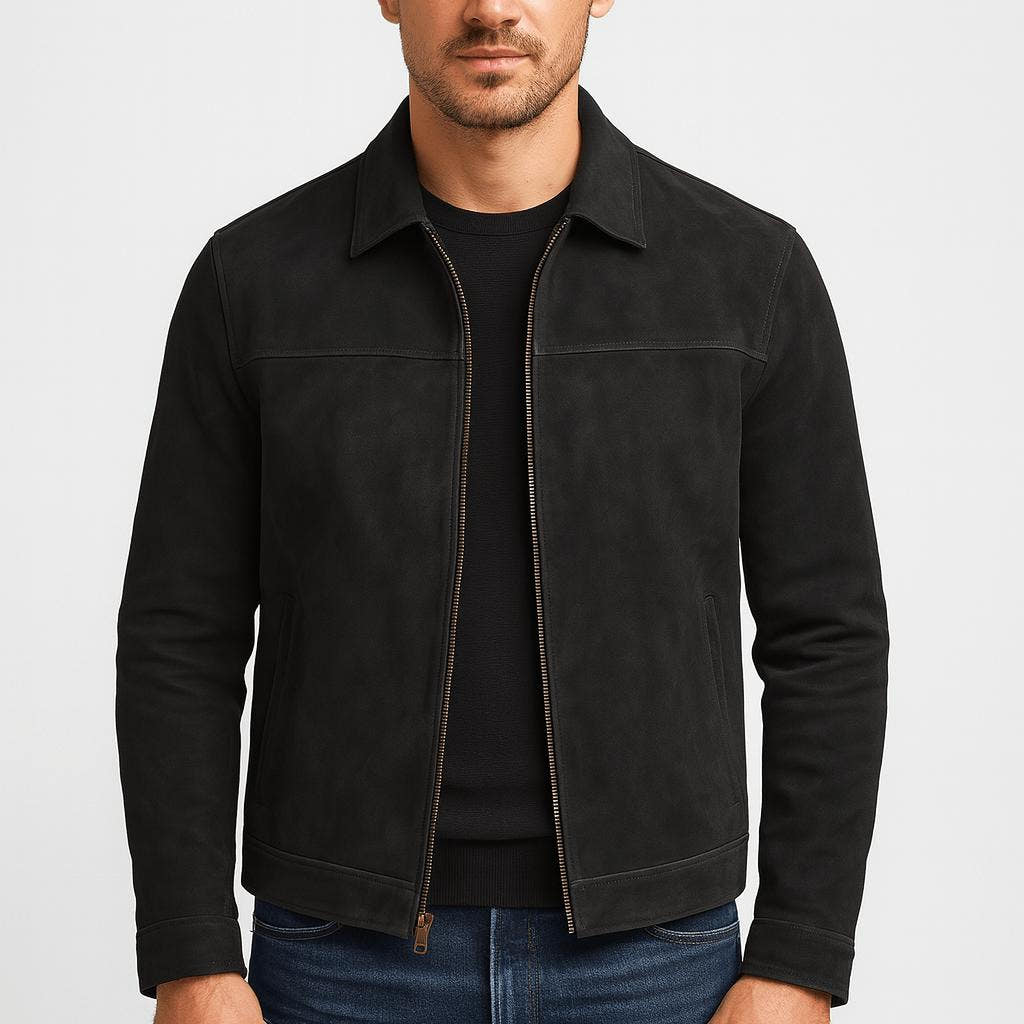 Kunstlederjacke Herren hüftlang mit Hemdkragen, gerader Schnitt