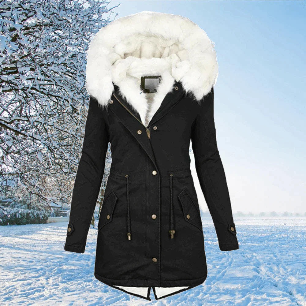 Kunstpelzjacke Damen gefüttert mit Kapuze, taillierter Winterparka