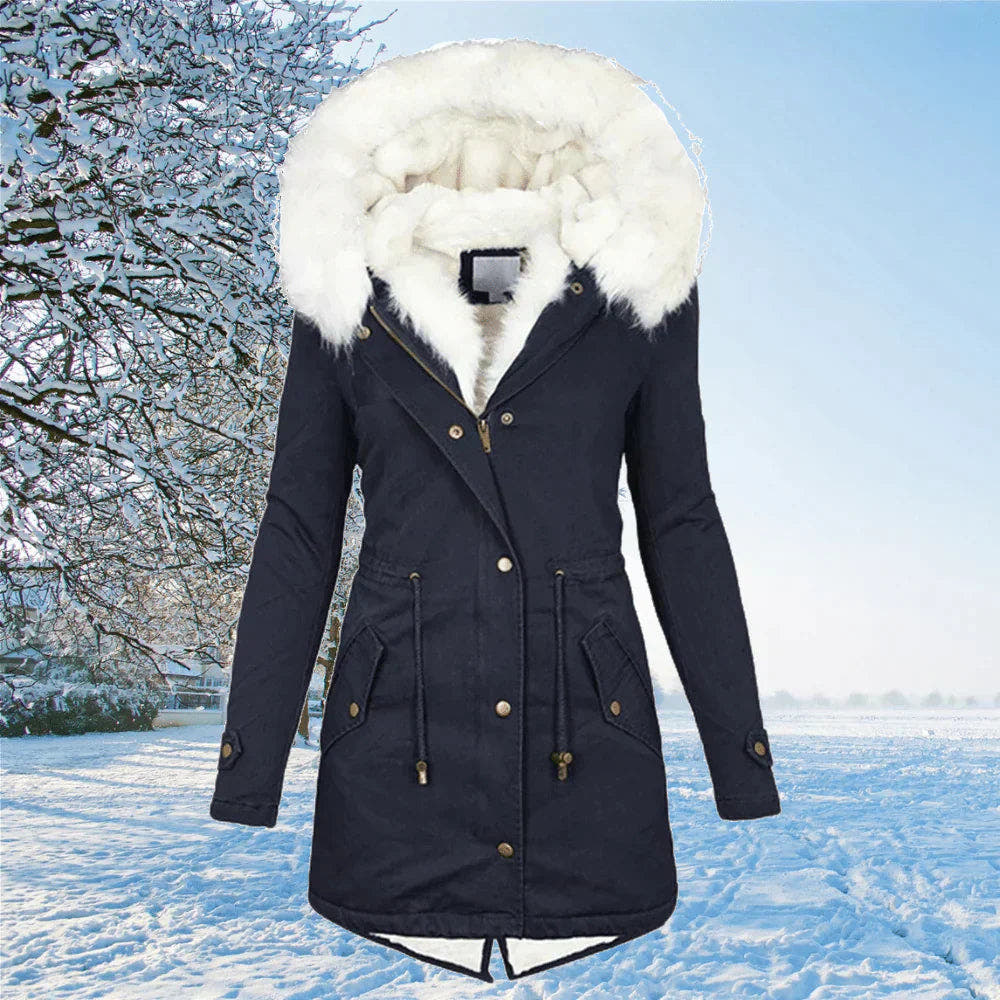 Kunstpelzjacke Damen gefüttert mit Kapuze, taillierter Winterparka
