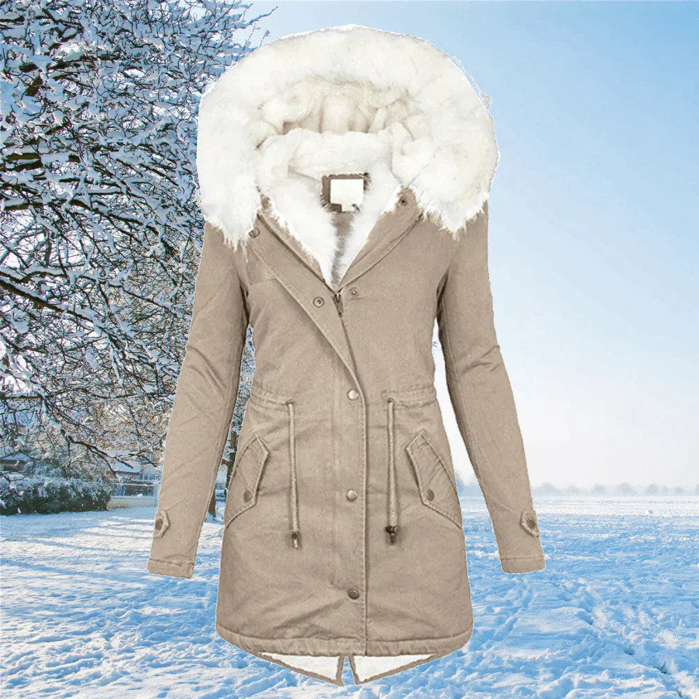 Kunstpelzjacke Damen gefüttert mit Kapuze, taillierter Winterparka