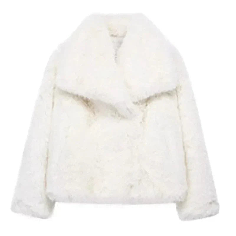 Kunstpelzjacke Damen warm und kurz mit Reverskragen, locker geschnitten