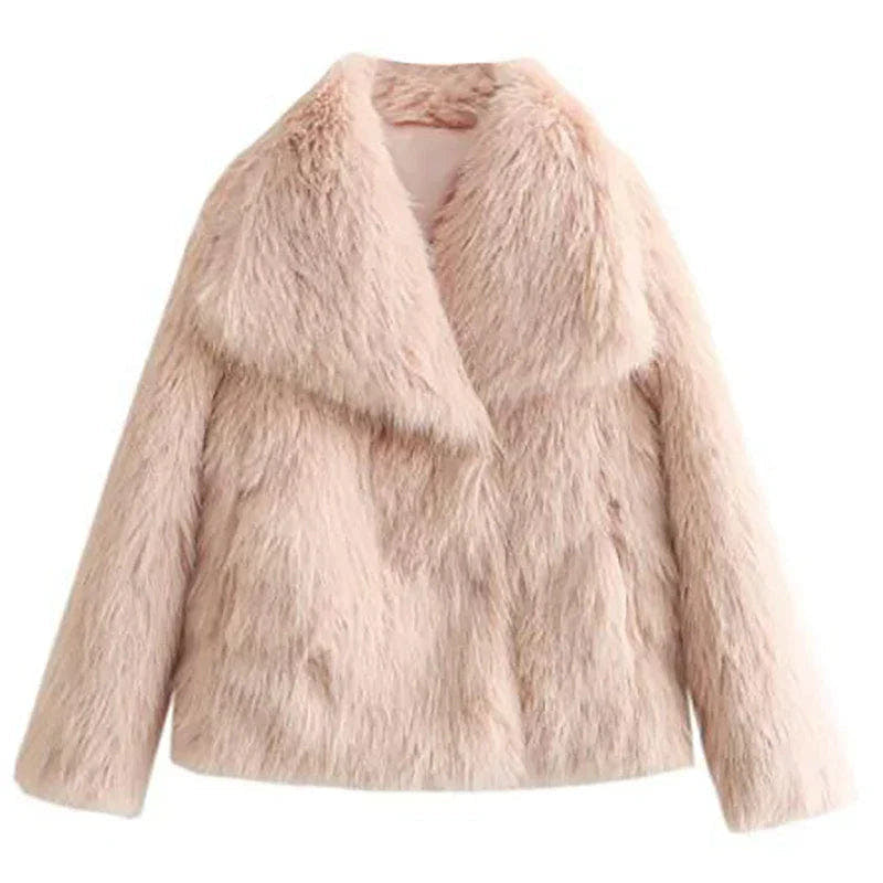 Kunstpelzjacke Damen warm und kurz mit Reverskragen, locker geschnitten