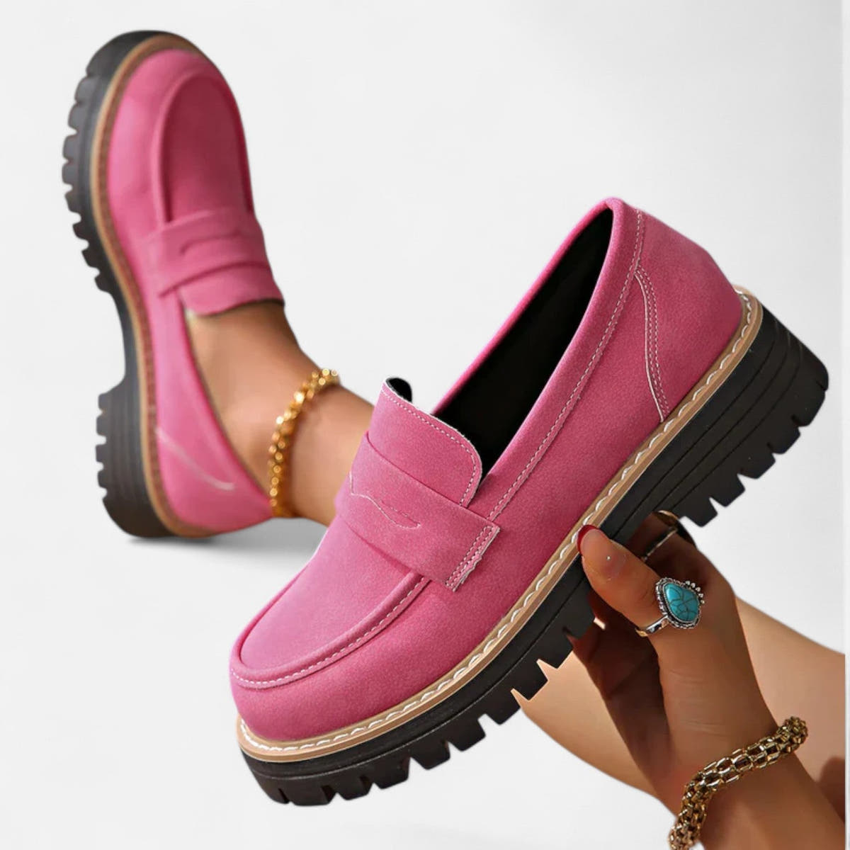 Loafer Damen mit Plateausohle, niedrigem Blockabsatz und Profil