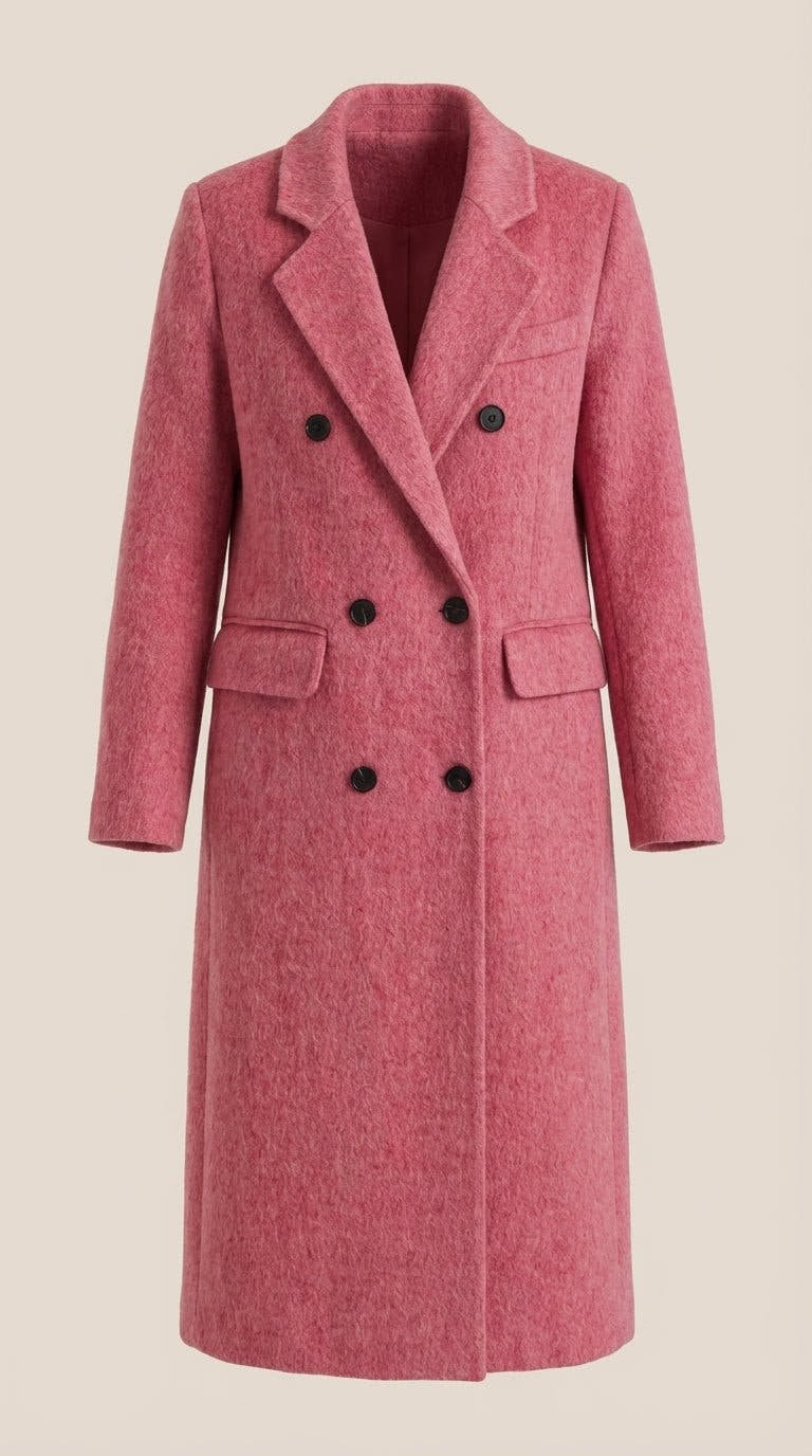 Langer zweireihiger Mantel in Wolloptik mit spitzem Kragen für Damen