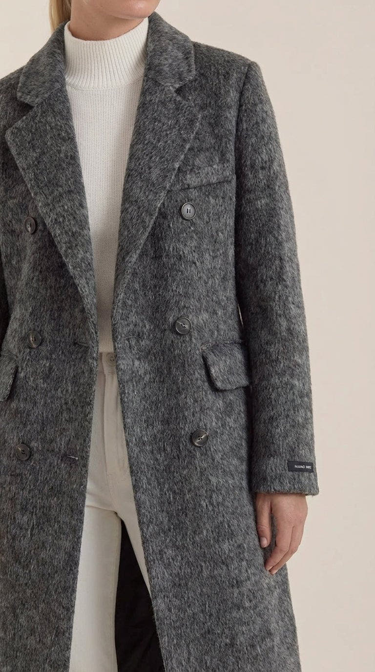 Langer zweireihiger Mantel in Wolloptik mit spitzem Kragen für Damen