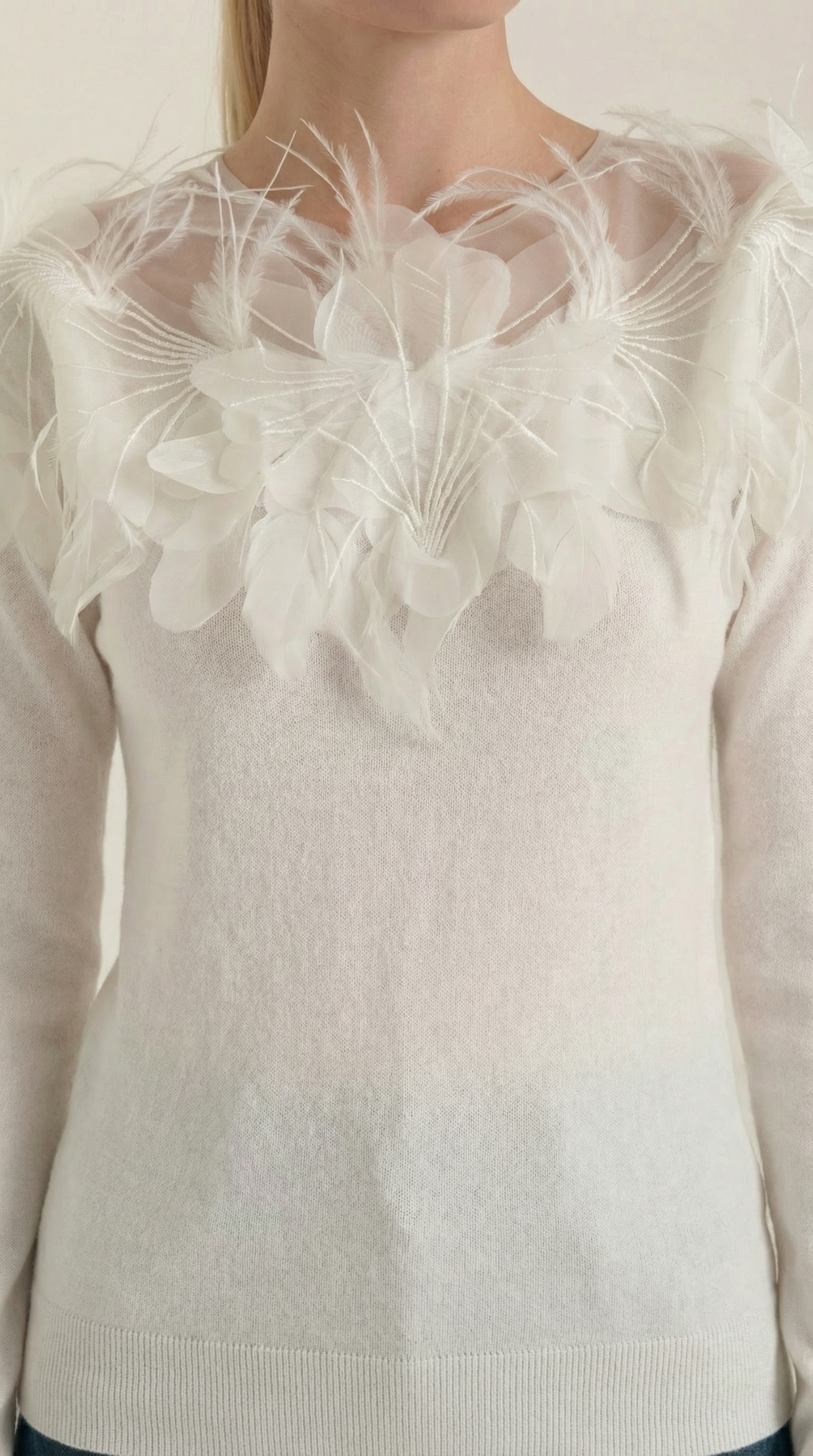 Pullover mit Federbesatz und Netzeinsatz am Ausschnitt für Damen