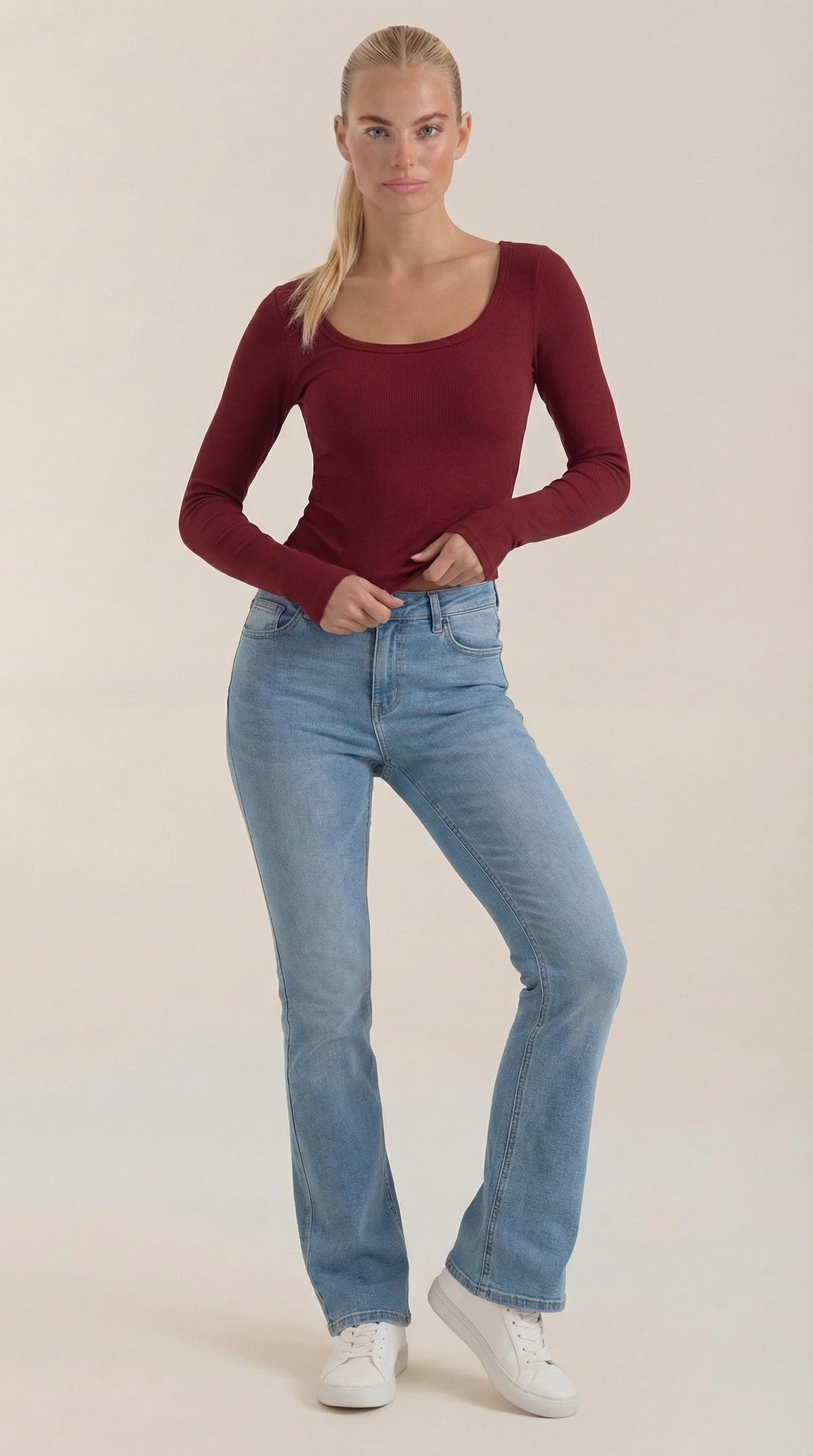 Langarmshirt mit U-Ausschnitt vorne und hinten für Damen - Rot