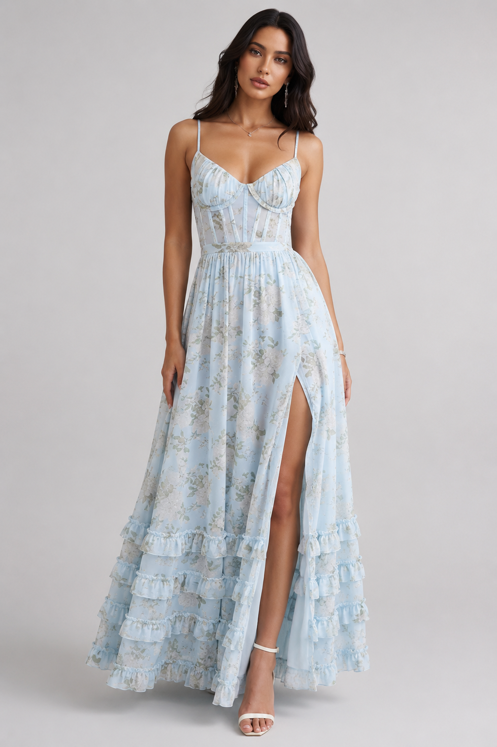 Maxikleid Damen mit Blumenmuster, Beinschlitz und schmalen Trägern