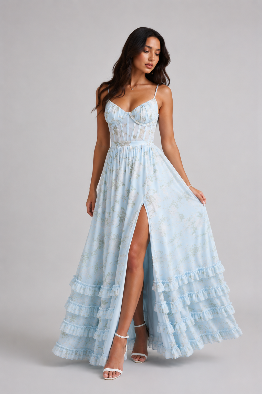 Maxikleid Damen mit Blumenmuster, Beinschlitz und schmalen Trägern