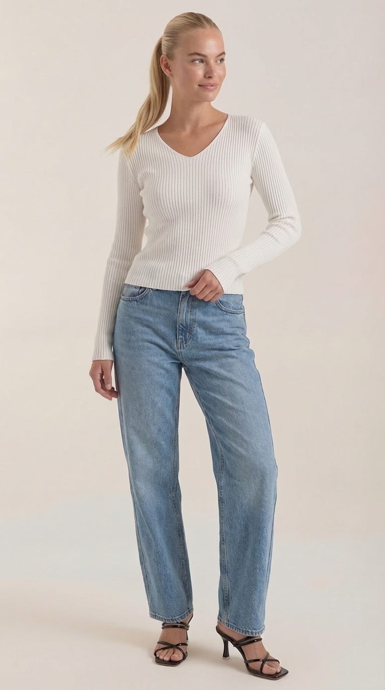 Pullover mit V-Ausschnitt und weicher Rippstruktur für Damen - Weiss