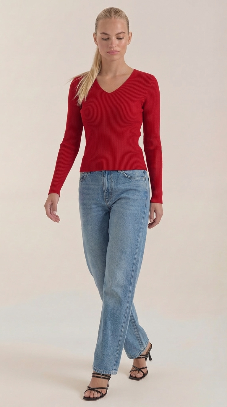 Pullover mit V-Ausschnitt und weicher Rippstruktur für Damen - Rot