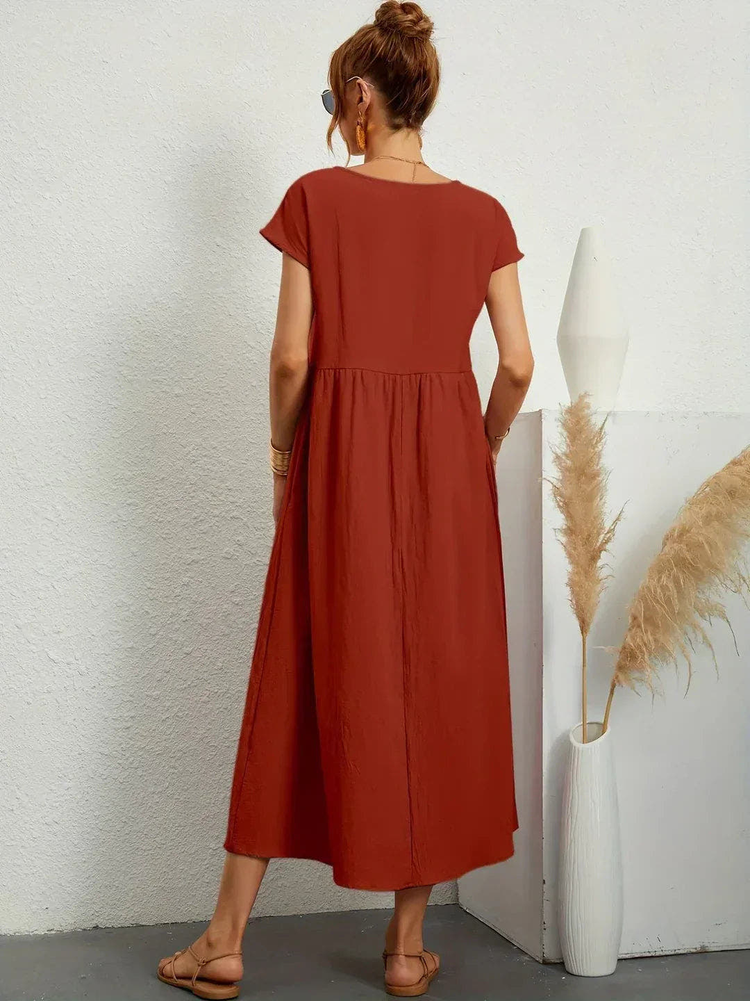 Midikleid Damen in A-Linie mit Empire-Taille und kurzen Ärmeln