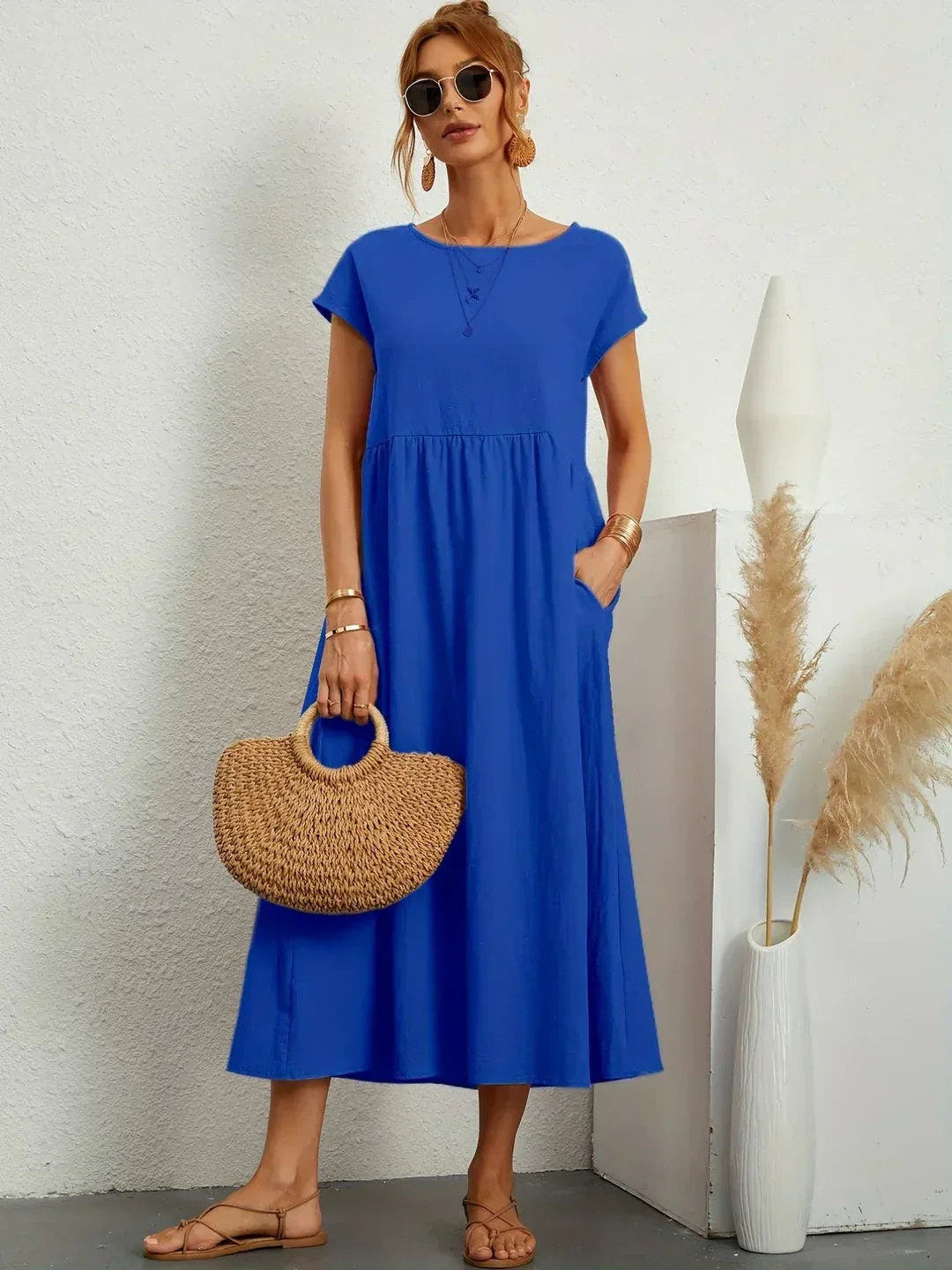 Midikleid Damen in A-Linie mit Empire-Taille und kurzen Ärmeln
