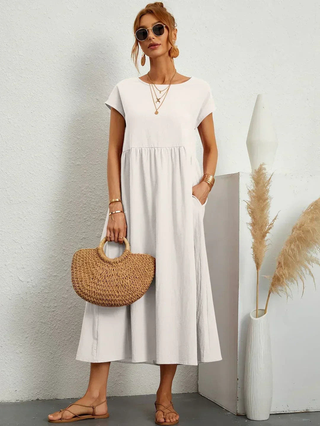 Midikleid Damen in A-Linie mit Empire-Taille und kurzen Ärmeln