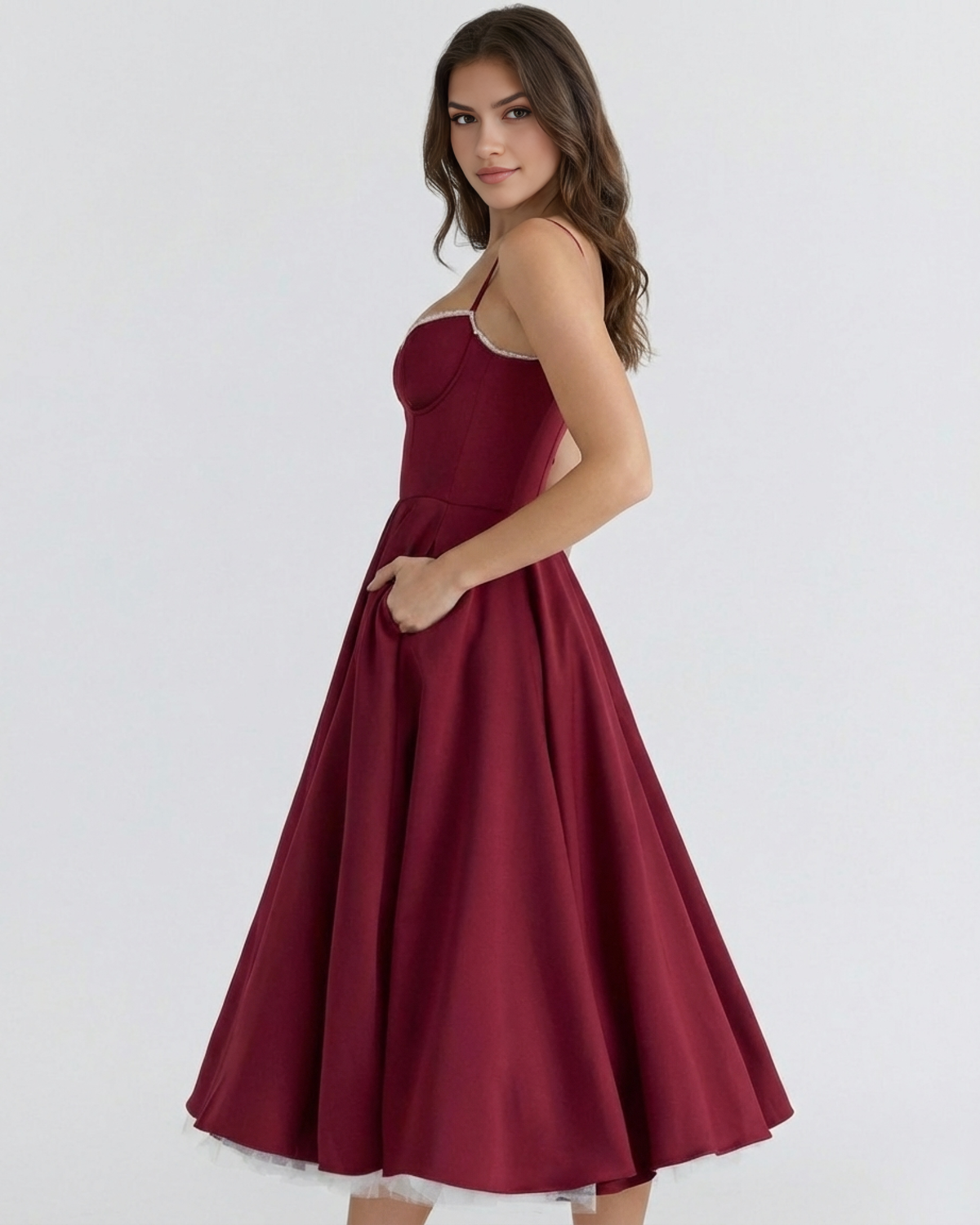 Midikleid Damen tailliert in A-Linie mit Herzausschnitt