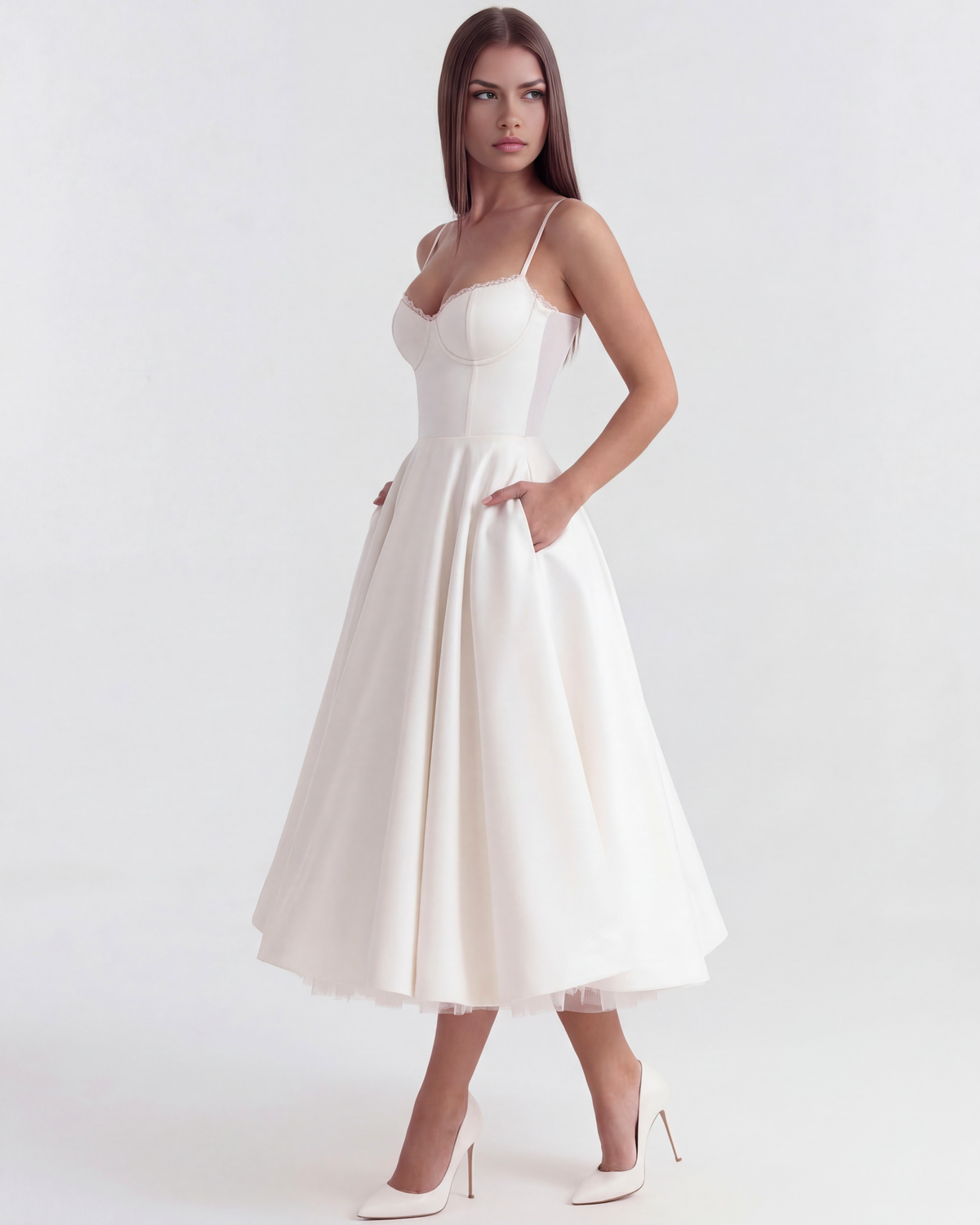 Midikleid Damen tailliert in A-Linie mit Herzausschnitt