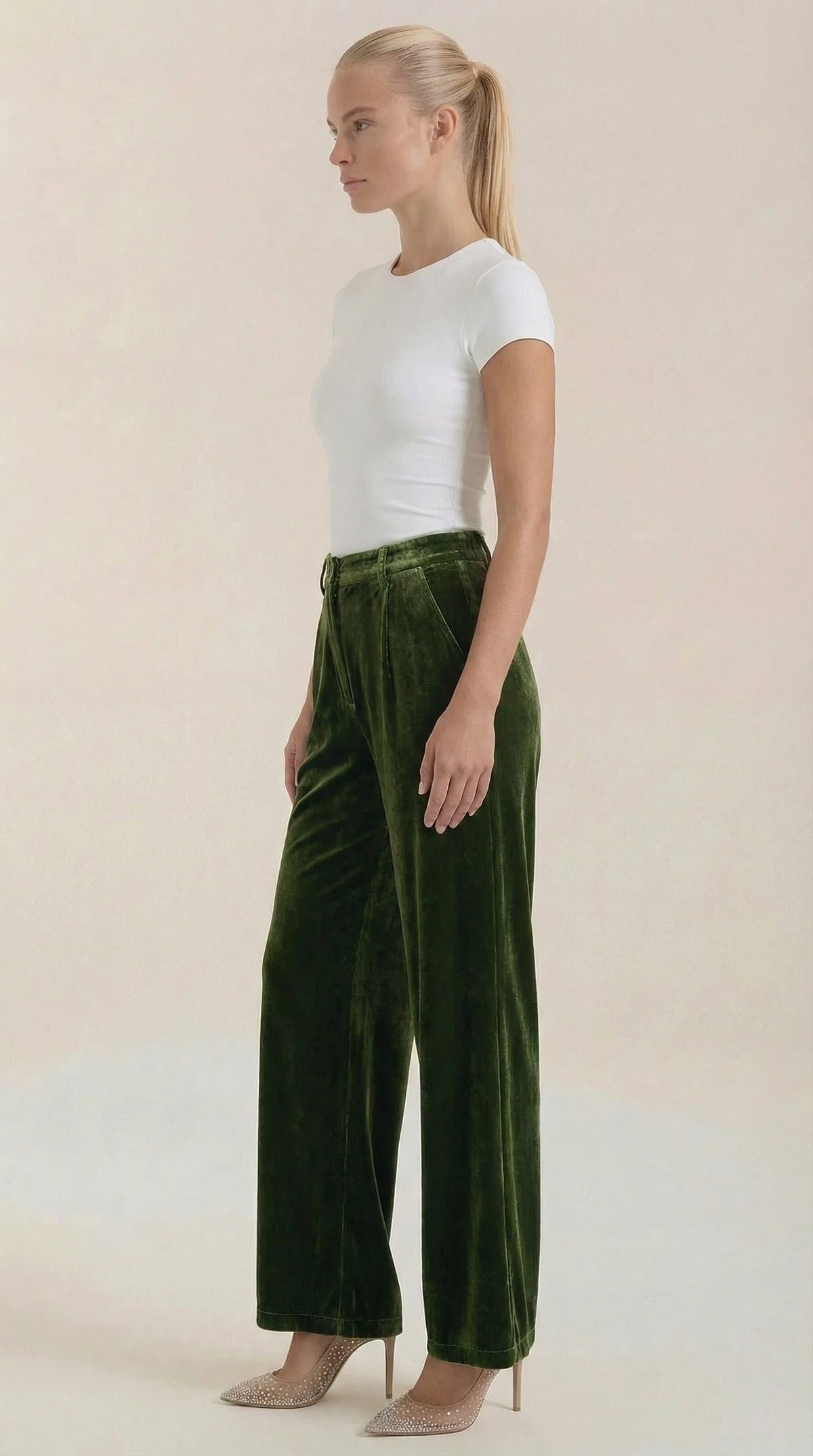 Stoffhose aus Samt mit hohem Bund und weitem Bein für Damen